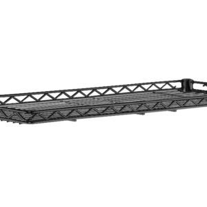 The Metro 1230CSNBL Super Erecta shelf in black features a 12 x 30 rectangular design with a grid pattern and decorative edge triangles, including two rear brackets for secure wall mounting.