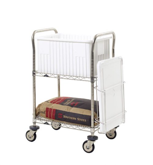 The Metro LAR1 cart is a versatile metal utility cart with four wheels, featuring a white plastic bin on the top shelf and a Southern States bag on the bottom. A white lid leans against it, highlighting its practical design.
