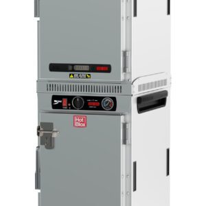 The Hot Box Classic resembles the Metro HBCN16-AS-T HotBlox, a sleek, silver 16-pan insulated holding cabinet on wheels. It features adjustable dual compartments, vents, and solid door latches, perfect for professional kitchens with its 875W power and analog controller.