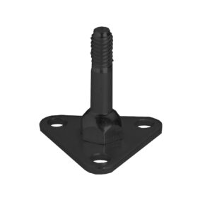 The Metro 9993BL Foot Plate is a black triangular metal bracket for industrial shelving posts, featuring three circular holes and a central threaded bolt.