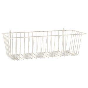 The Metro FL585 Flexline Wire Supply Basket boasts a sleek white metal design with a rectangular shape, sturdy vertical wires for the sides and bottom, and convenient hooks for easy hanging against a plain backdrop.