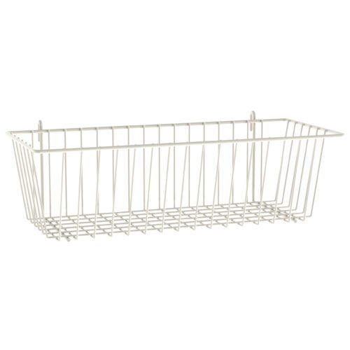The Metro FL585 Flexline Wire Supply Basket boasts a sleek white metal design with a rectangular shape, sturdy vertical wires for the sides and bottom, and convenient hooks for easy hanging against a plain backdrop.