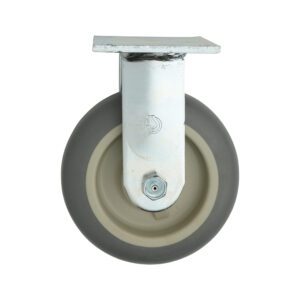 The Metro C6DRA offers a stylish gray and beige caster wheel with a durable metal bracket, ideal for mounting. It features a 6 high modulus donut rigid C-plate, perfect for boosting mobility in custom truck dollies or furniture, against a white background.