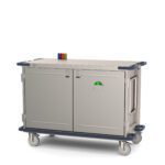 The Metro CaseVue CV48LS-NBFH Surgical Case Cart, measuring 57.5W x 28D x 40.625H, features solid doors, swing-up handles, color flags for organization, marker holders on top, a green lock for security, and comes in light gray with blue accents.