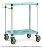 The MetroMax Q MQUC1830G-25 cart is light blue, versatile, and measures 18 x 30 x 39.25. It has two shelves, four large wheels, a handle, and sturdy metal posts reinforcing each corner. Dimensions may slightly vary from those shown.