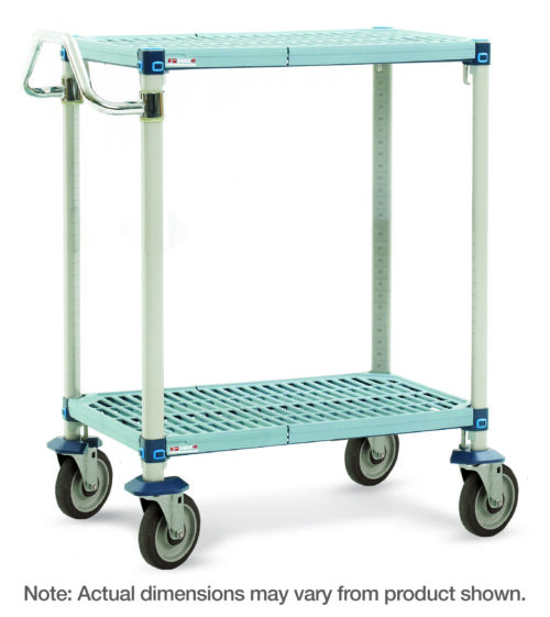 The MetroMax Q MQUC1830G-25 cart is light blue, versatile, and measures 18 x 30 x 39.25. It has two shelves, four large wheels, a handle, and sturdy metal posts reinforcing each corner. Dimensions may slightly vary from those shown.