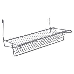 The Metro IWA-S11K4 SmartWall Slanted Lid Holder/Drying Shelf, with a metal wire basket design in Metroseal Gray Epoxy, features a rectangular shape and grid patterned base and sides plus convenient hanging hooks on each side.