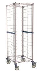 The Metro RE3K4S End-Load Stainless Steel/Metroseal Gray Wire Bun Pan Rack is a tall, rectangular metal cart with open wire sides, 20-pan capacity, 3 slide spacing, and features four wheels plus two horizontal braces for storage or transport.