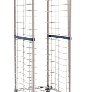 The Metro RE3K4S End-Load Stainless Steel/Metroseal Gray Wire Bun Pan Rack is a tall, rectangular metal cart with open wire sides, 20-pan capacity, 3 slide spacing, and features four wheels plus two horizontal braces for storage or transport.