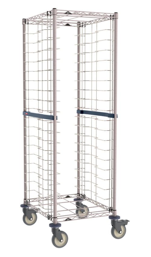 The Metro RE3K4S End-Load Stainless Steel/Metroseal Gray Wire Bun Pan Rack is a tall, rectangular metal cart with open wire sides, 20-pan capacity, 3 slide spacing, and features four wheels plus two horizontal braces for storage or transport.