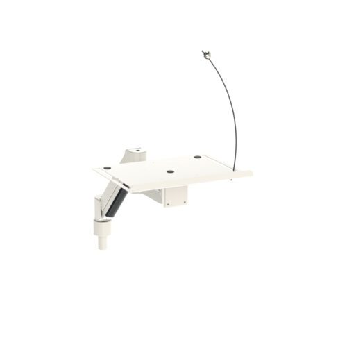 The Metro FL310A Flexline Articulating Arm with Laptop Tray features a white articulated bracket, an attached flat panel, and a long cable for mounting devices such as monitors or speakers.