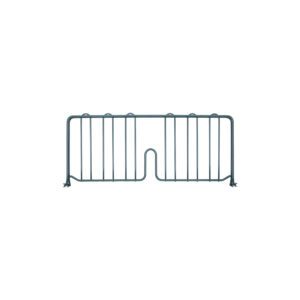 The Metro DD21K3 Super Erecta 8 High Shelf Divider, featuring a metal wire rack with a U-shaped dip and rounded hooks, boasts a compact 21 design coated in Metroseal Green Epoxy, perfect for organizing items upright on any wire shelf against a clean white backdrop.