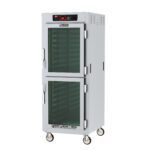 The Metro C589-SDC-LA is a tall industrial heating cabinet with wheels, full-height Dutch clear doors, lip-load aluminum slides, and a digital temperature display. It runs on 120V, features multiple shelves for storage or warming, and includes 60Hz and 2000W of power.
