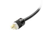 Close-up of a black Metro C5-STRPLG-15 power cord featuring a three-pronged plug for 15 amp needs, compatible with various series cabinets. The prongs form a circular pattern with sturdy plastic casing at the base while the cord extends against a white background.