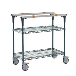 The Metro MS1836-NKNK PrepMate MultiStation 36 Prep Station boasts Metroseal Green Epoxy shelves and posts, enhanced by a sleek metallic look with orange accents, and comes with four wheels for efficient organizing or transporting.