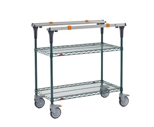 The Metro MS1836-NKNK PrepMate MultiStation 36 Prep Station boasts Metroseal Green Epoxy shelves and posts, enhanced by a sleek metallic look with orange accents, and comes with four wheels for efficient organizing or transporting.