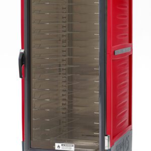 The Metro C539-HLFC-U C5 Series Insulated Holding Cabinet is a full-height red unit with clear doors, universal wire slides, and a bottom control panel. It operates at 120V, 60Hz, 1440W and is mounted on wheels for easy mobility.