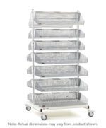 The Metro QB218-M14 qwikSIGHT Mobile Double-Sided 14-Basket Shelving Unit is a metal rack with mesh baskets on wheels, labeled at the top. It measures 18 L, and theres a note stating, Actual dimensions may vary from product shown, against a plain white background.