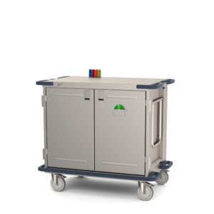 The Metro CaseVue CV36LS-NBFH surgical case cart, measuring 45.5W x 28D x 40.625H, features two front solid doors with a swing-up handle and a green badge. It has wheels for mobility and three colorful cylinders (red, blue, yellow) on top like vibrant flags.