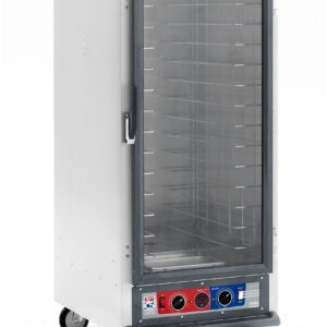 The Metro C517-CFC-LA C5 1 Series, a 3/4 height metallic holding/proofing cabinet with a glass door, fixed wire slides, and four wheels. Front panel includes switches and temperature controls. Powered by 2000W at 60Hz with lip load aluminum slides for efficiency.
