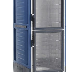 The Metro C539-HDC-4-BUA C5 3 Series is a full-height, blue insulated holding cabinet with Dutch Clear Doors, fixed wire slides, wheels for mobility, and bottom panel temperature controls. It operates at 120V and 60Hz with a power of 2000W.