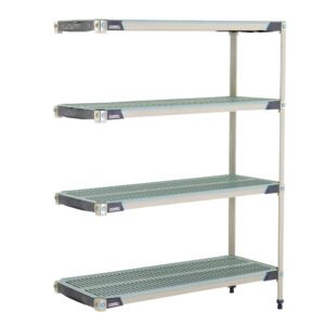 The MetroMax i AX356GX3 Add-On Unit, measuring 18 x 48 x 63, offers a minimalist design with four perforated shelves ideal for heavy-duty storage and efficient space organization.