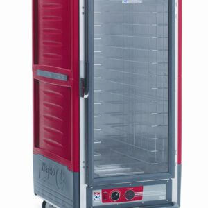 The Metro C537-HFC-L C5 3 Series is a red, insulated 3/4 height holding cabinet with a full-length clear door and lip load aluminum slides. Its on wheels and features control knobs and a power indicator. It runs on 120V, 60Hz, with a power capacity of 2000W.
