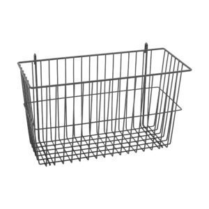 The black Metro H212B Storage Basket for Super Erecta Wire Shelving is rectangular with a grid pattern, measuring 17.375 x 7.5 x 10. Ideal for wall mounting, it includes two top hooks for easy hanging and pairs perfectly with any shelving system.