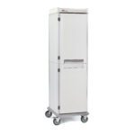 The Metro SXRS76MXD4 Starsys XD is a tall, white, rectangular extra deep mobile supply cabinet on wheels with solid doors. It features a central handle and top panel, ideal for non-locking mobile food storage and transport.