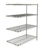 The Metro AN556BR Super Erecta 4-Shelf Industrial Wire Shelving Add-On Unit is a Brite finished, metal structure measuring 24 x 48 x 63. It features four evenly spaced shelves supported by corner vertical rods for sturdy storage against a white backdrop.