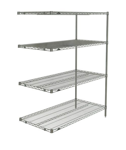 The Metro AN556BR Super Erecta 4-Shelf Industrial Wire Shelving Add-On Unit is a Brite finished, metal structure measuring 24 x 48 x 63. It features four evenly spaced shelves supported by corner vertical rods for sturdy storage against a white backdrop.