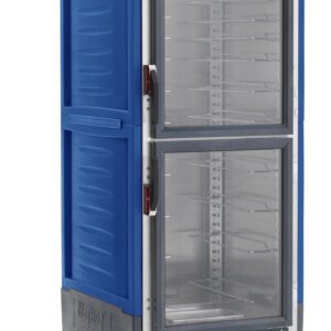 The Metro C539-HDC-U-BUA C5 3 Series is a blue full-height insulated holding cabinet with Dutch clear doors, mounted on four wheels. It has universal wire slides, control knobs, vents for efficient temperature management, and operates at 120V.