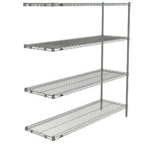 The Metro AN366BR Super Erecta 4-Shelf Industrial Wire Shelving Add-On Unit, Brite, 18 x 60 x 63, features four adjustable shelves and interlocking bars for optimal storage, enhancing organization with its simple open structure for easy visibility and access.