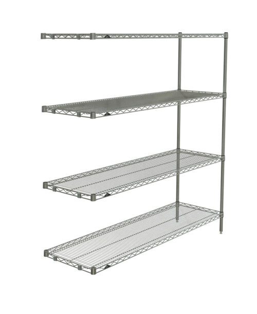 The Metro AN366BR Super Erecta 4-Shelf Industrial Wire Shelving Add-On Unit, Brite, 18 x 60 x 63, features four adjustable shelves and interlocking bars for optimal storage, enhancing organization with its simple open structure for easy visibility and access.