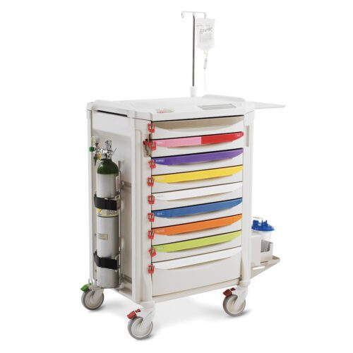 The Metro FLPED1 Flexline Pediatric Crash Cart has six colored drawers with red locks, an oxygen tank on the left, an IV pole on top, and a small waste bin on the right for added convenience.