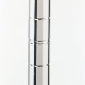 Close-up of a chrome metallic cylindrical structure resembling a Metro Super Erecta 27P SiteSelect Industrial Wire Shelving Post, 27 H, with evenly spaced horizontal grooves. The smooth, reflective surface stands out against a plain white background.