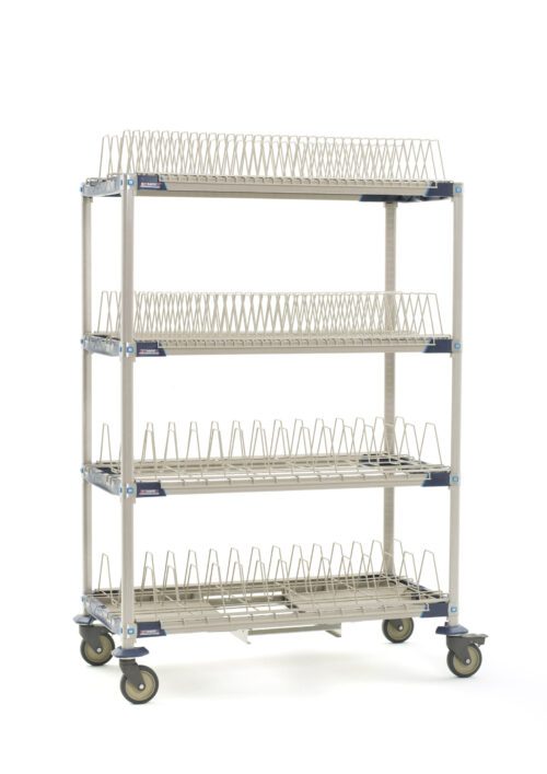 The MetroMax i PR48VX4-XDR Mobile Drying Rack, 26 x 50 x 68, features four mesh wire shelves, triangular dividers, two pan racks, and a drip tray. This portable unit on a wheeled base ensures secure and efficient drying.