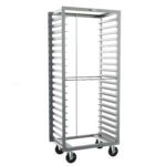 The Metro RD33NA120 Side-Load Pan Rack, measuring 24.375 x 18.625 x 69.25, has a sturdy silver frame with multiple shelves and 3 slide spacing, is open on all sides for easy access to trays or bakery items, and comes mounted on four black wheels.