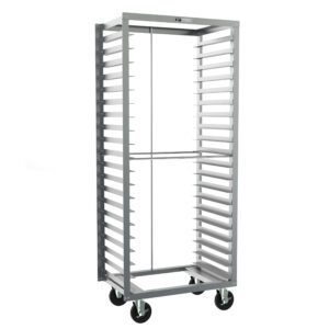 The Metro RD33NA120 Side-Load Pan Rack, measuring 24.375 x 18.625 x 69.25, has a sturdy silver frame with multiple shelves and 3 slide spacing, is open on all sides for easy access to trays or bakery items, and comes mounted on four black wheels.