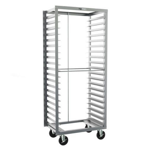 The Metro RD33NA120 Side-Load Pan Rack, measuring 24.375 x 18.625 x 69.25, has a sturdy silver frame with multiple shelves and 3 slide spacing, is open on all sides for easy access to trays or bakery items, and comes mounted on four black wheels.