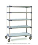 The MetroMax 4 5X337PG4 Mobile Cart features five shelves, including a solid bottom shelf, on a sturdy metal frame with four wheels for easy mobility, measuring approximately 18 x 36 x 79.3125.