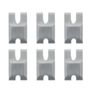 A bag of 6 Metro 9184P rust-proof polymer clips is showcased on a white background in two rows. These versatile gray clips, featuring a U-shaped notch, are designed for secure use with Super Erecta solid shelving.
