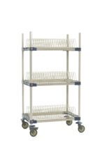 The MetroMax 4 MAX4-PR36VX2 Mobile Drying Rack, measuring 26 x 38 x 68, features a three-tier design with tray racks. Its displayed with a silver finish and four swiveling wheels, perfect for organizing and transporting items efficiently.