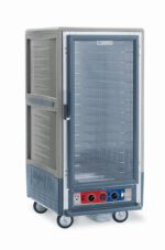 The Metro C537-CXFC-4-GY C5 3 Series Insulated Holding/Proofing Cabinet features a full-length clear door, fixed wire slides, digital control panel, and four wheels. It is made from durable plastic and metal and operates efficiently at 220-240V and 50/60Hz.