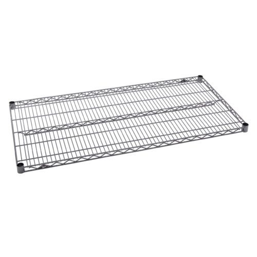 The Metro Super Erecta 2448N-DSG Industrial Wire Shelf in Smoked Glass, sized 24 x 48, has a rectangular grid design with reinforced borders and corner caps, ideal for modular shelving systems and offering an industrial look.