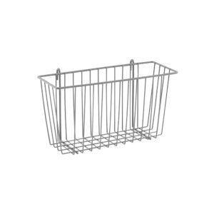 The Metro H209K4 Storage Basket, designed for Super Erecta Wire Shelving and SmartWall Wall Shelving, features a silver rectangular shape with vertical bars, an open top, and two hooks for wall mounting. Coated in Metroseal Gray Epoxy, its dimensions are 13.375 x 5 x 7.