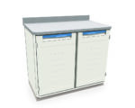 The Metro SXR36WC12 Starsys Stationary Workcenter has a white cabinet with two doors, blue handles, and a gray countertop with horizontal grooves. Its modern aesthetic includes an overhanging countertop against a plain white background.