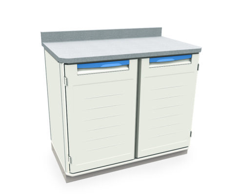 The Metro SXR36WC12 Starsys Stationary Workcenter has a white cabinet with two doors, blue handles, and a gray countertop with horizontal grooves. Its modern aesthetic includes an overhanging countertop against a plain white background.