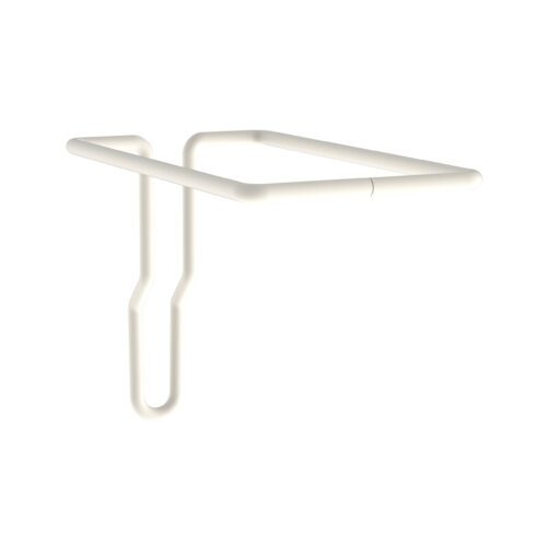 The minimalist white metal wall hook resembles the sleek Metro FL575 Flexline Laryngoscope Blade/Specimen Bag Holder with its U-shaped design and parallel rods that elegantly curve downward, forming a loop against a plain white backdrop.