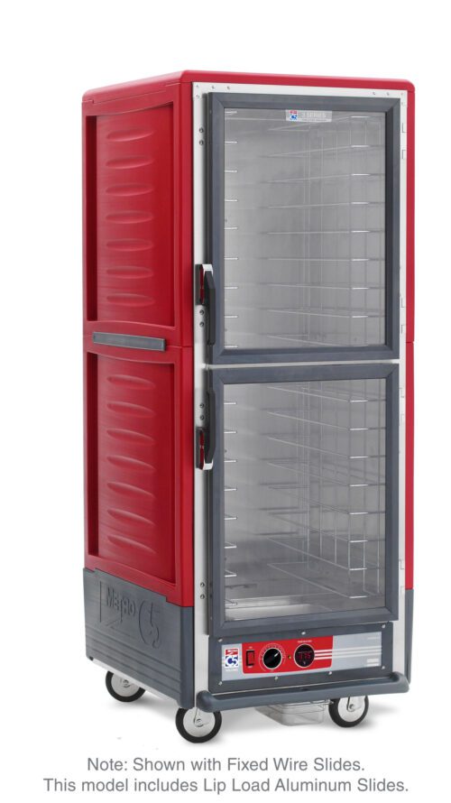 The Metro C539-HDC-L C5 3 Series Insulated Holding Cabinet in red features full height, Dutch clear doors, lip load aluminum slides, side handle, four wheels at the base, and a digital display on the bottom front panel.